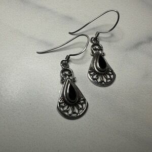 Vintage Sterling Silver Dangle Drop‎ Earrings with Black Enamel Accents